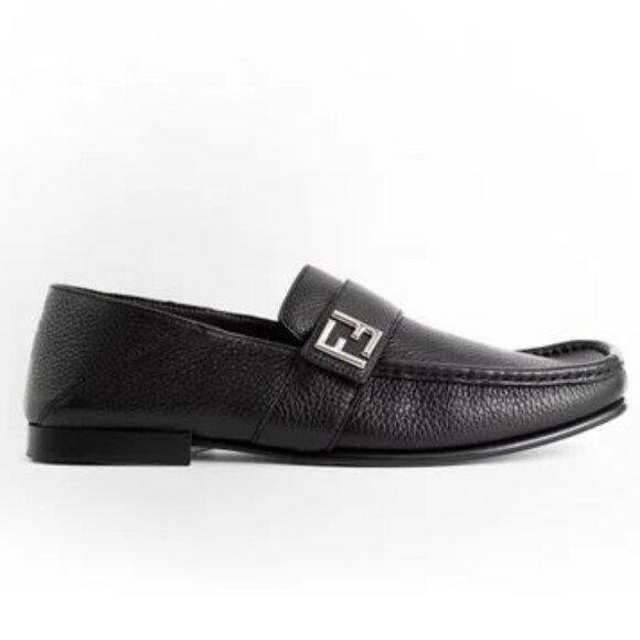 FENDI Mens FF Buckle Logo Leather Slip On Flat Loafers Dress Shoes Black